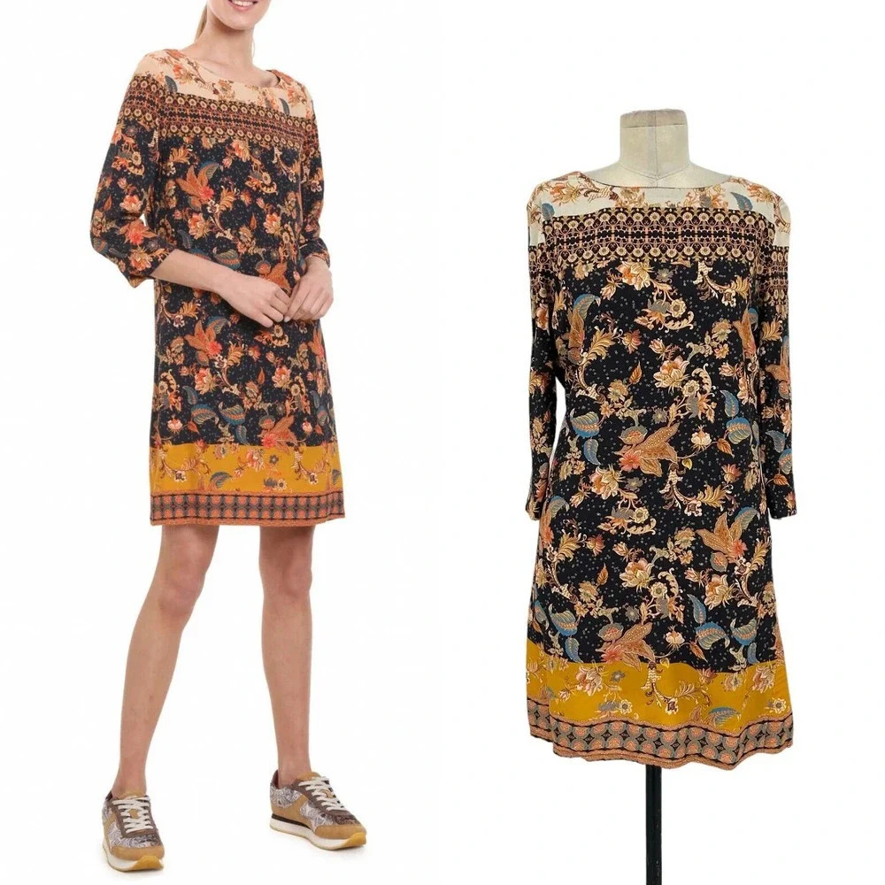 Desigual Paula Floral Shift Dress Black Gold Yellow Orange Size 36 / US‎ 2
